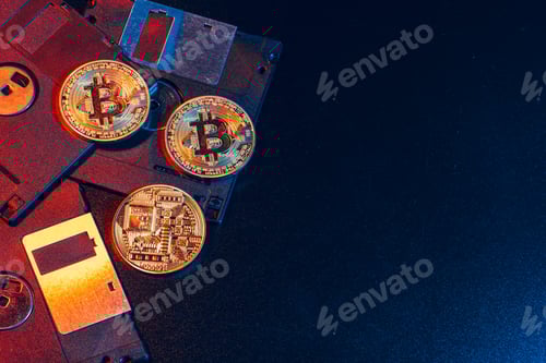 Preview: golden bitcoin on floppy disk
