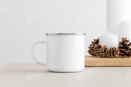 Preview: Enamel white mug mockup with candles on a table. Christmas decoration