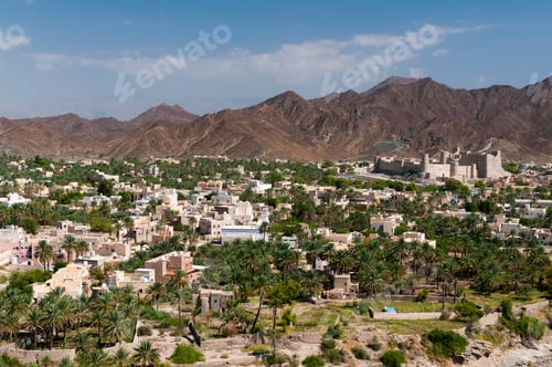 Preview: Scenic view overlooking a lush oasis town against a mountainous backdrop