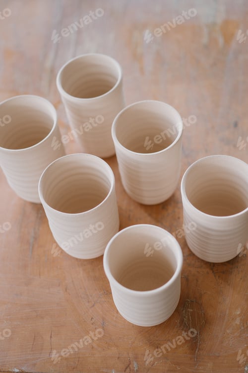 Preview: Vertical shot of six handmade ceramic cups preparing to be glazed on a wooden table
