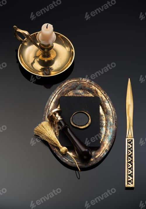 Preview: Elegant blank with wax seal, wax stamp and letter opener. Retro writing utensils