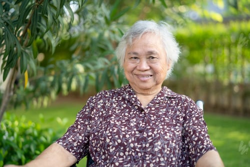 Preview: Asian senior or elderly old lady woman patient smile on wheelchair in park, healthy strong medical