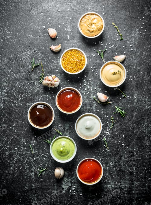 Preview: Bowls with different sauces.