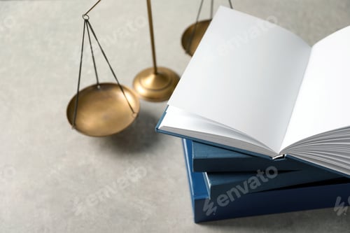 Preview: Scales of justice and books on table. Law concept