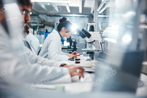 Preview: Medical, research and scientist in laboratory with microscope, observation and experiment for study