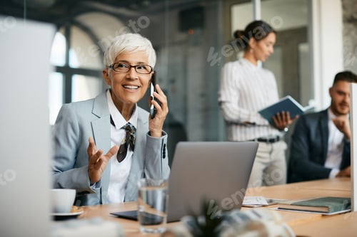 Preview: Happy mature businesswoman making a phone call while working in the office.