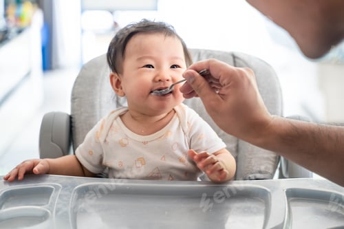 Preview: Father feed mashed food to Asian baby cute girl who sit in highchair at home.
