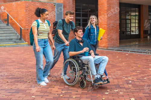 Preview: Diverse students walking on university campus, one in wheelchair
