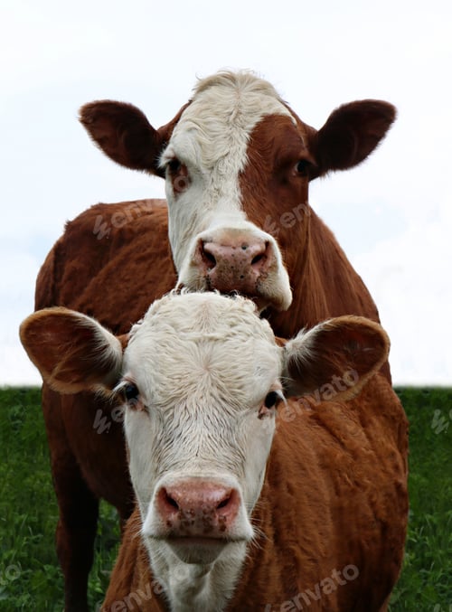 Preview: Closeup shot of Hereford cow with newborn calf against the white sky