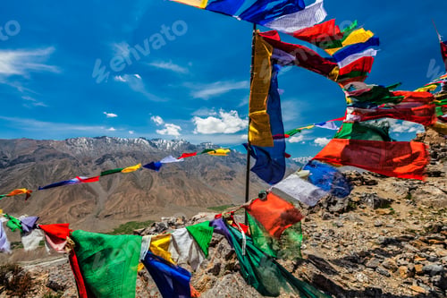 Vista previa: Banderas de oración budistas (lungta) en el valle de Spiti, India