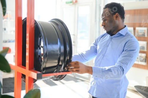 Preview: An African man buys car rims in an auto parts store