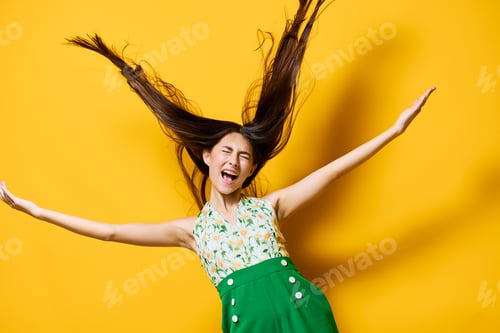 Preview: yellow woman fashion style young trendy happy stylish slim emotion beautiful