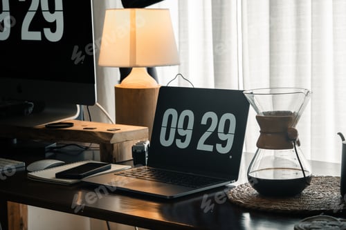 Preview: Home computer desk and digital clock on screen