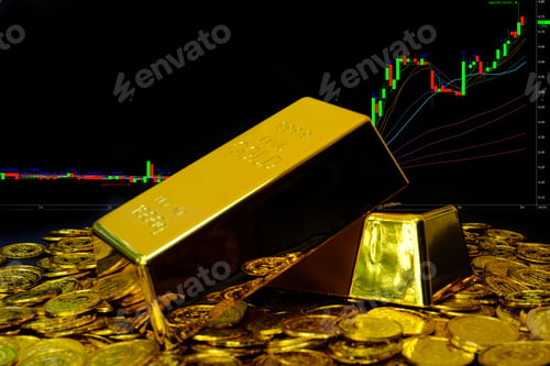 Preview: Gold bullion on pile gold coins at trading chart background