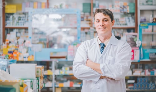 Preview: Male pharmacist posing confidently welcoming, advising patients