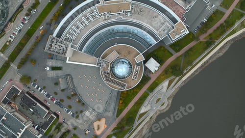 Preview: Top view of futuristic architecture of roof of building. Stock footage. Circular roof with stylish