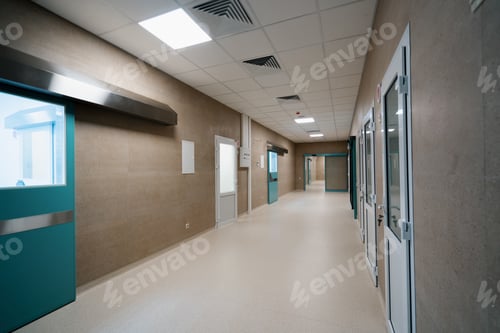 Preview: Hospital empty corridor Modern hospital automatic door entrance to operating room