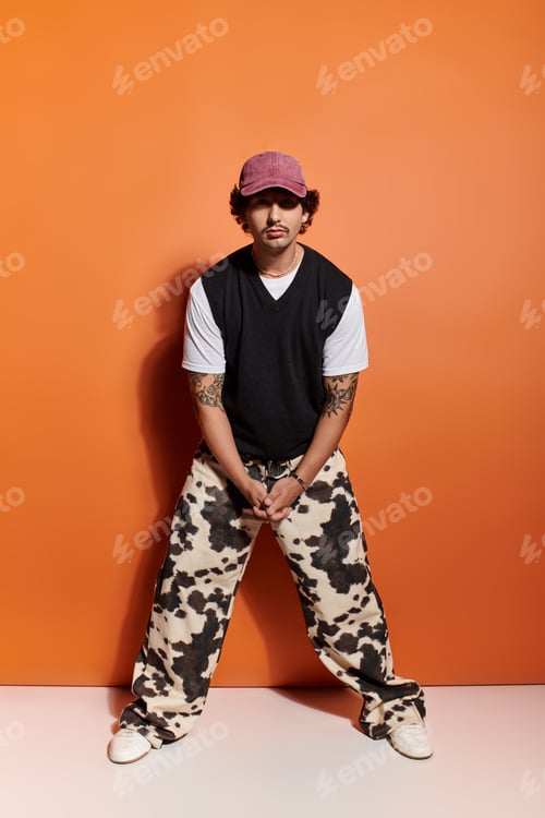 Preview: Handsome young man showcasing unique fashion style against vibrant orange backdrop
