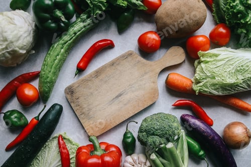 Preview: Empty wooden cutting board surrounded fresh vegetables