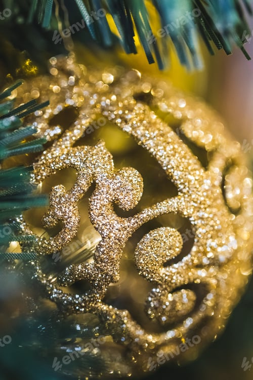 Preview: Beautiful shiny texture of glare gold Christmas balls close-up