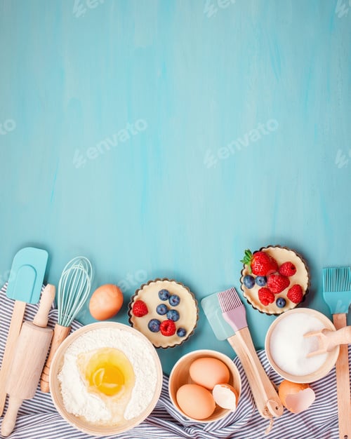 Preview: Baking utensils and cooking ingredients for tarts, cookies, dough and pastry