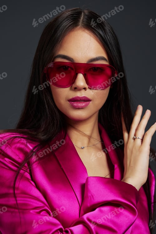 Preview: young woman bright makeup pink mini dress modern style isolated background