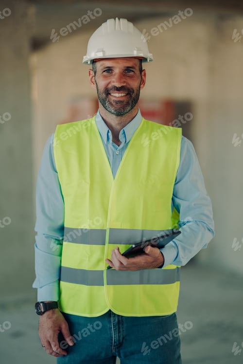 Preview: Smiling engineer holding tablet and wearing safety helmet and vest on construction site