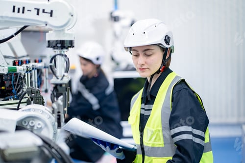 Preview: Female engineers working on robotics in industry factory. Technology, people and engineering concept