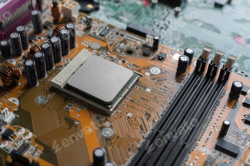 Preview: the cpu processor installed in the computer, close up, with rgb color light