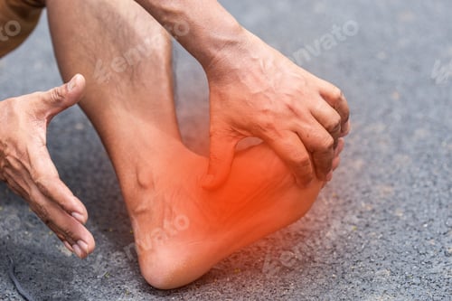 Preview: close up ankle of man have a symptom pain.
