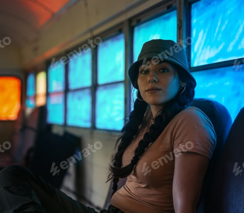Preview: Woman sitting in a retro bus with blue-tinted windows