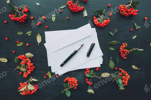 Preview: Flat lay blank envelope and pen mock up copy space