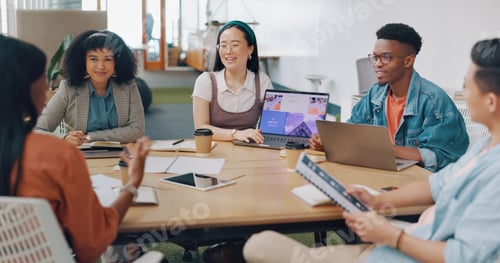 Preview: Laptop, presentation and meeting with a woman team leader training or coaching her business team in