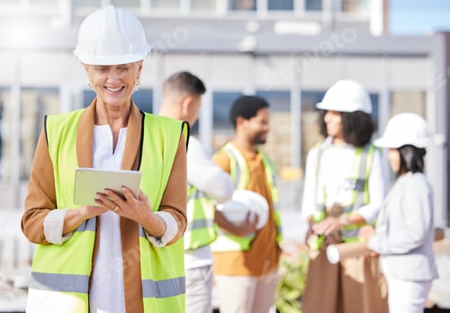 Preview: Tablet, architecture and a senior woman construction worker on a building site with her team in the
