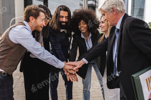 Preview: Multiracial business team joining hands together while standing outdoors in front of office building