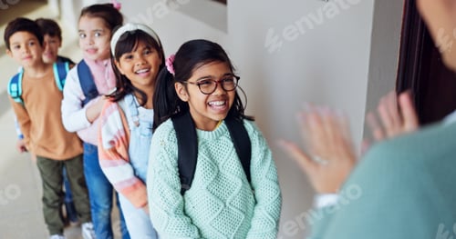 Preview: Happy children, teacher and students with line for attendance, interaction or education outside cla