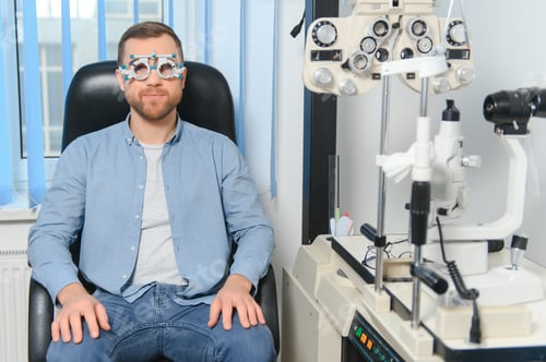 Preview: Male patient under eye vision examination in eyesight ophthalmological correction clinic