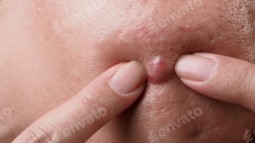 Preview: Big Acne Cyst Abscess or Ulcer Swollen area within face skin tissue.