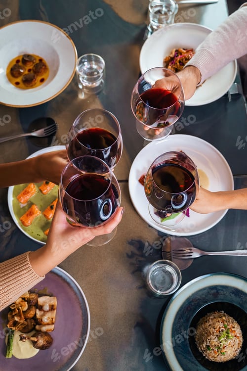 Preview: Friends dining restaurant wine tasting celebration social gathering gourmet food sharing plates
