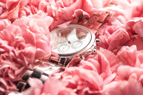 Preview: swiss wristwatch lying on blooming pink flowers