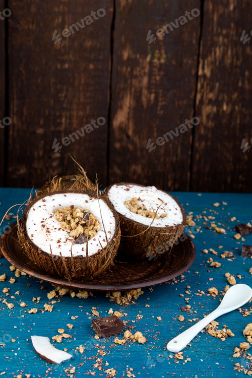 Preview: Healthy breakfast in coconut bowl.