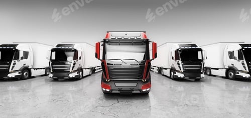 Preview: Fleet of trucks with cargo trailers. Transport, shipping industry.