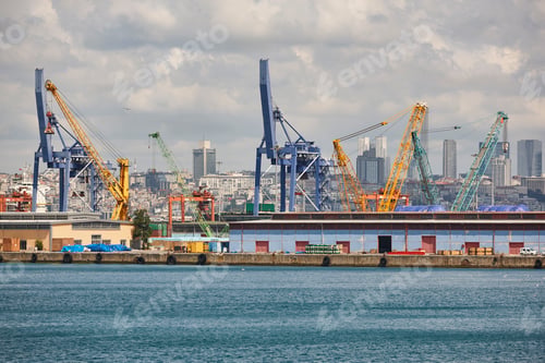Preview: Cranes at comercial seaport. Bosphorus strait in Istanbul. Transportation Turkey