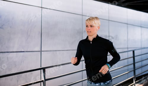 Preview: Young sportswoman doing exercise outdoors in city, running