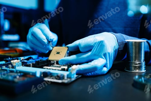 Preview: The technician is putting the CPU on the socket of the computer motherboard. electronic engineering