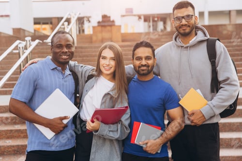 Preview: Diverse Group of College Students Smiling Together with Notebooks Outdoors on Campus Steps
