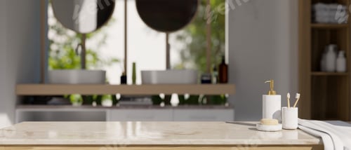 Preview: Luxury marble tabletop with bath accessories and copy space over blurred modern bathroom