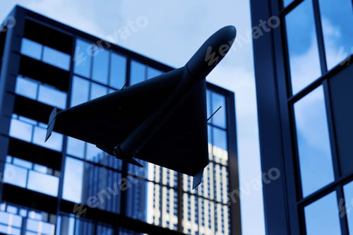 Preview: Futuristic UAV hovering near skyscrapers. Symbolic of Iranian military technology
