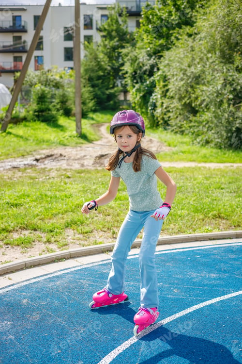 Preview: Little girl in a pink helmet and rollerblades skating on a blue sports court