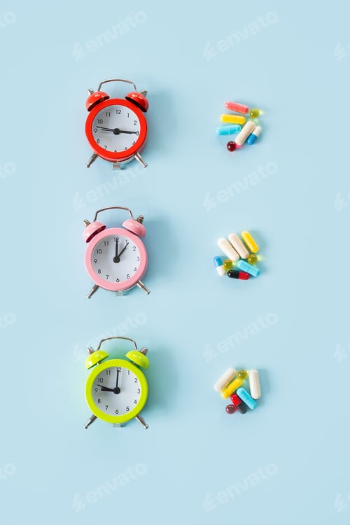 Preview: Medication Reminders. Pills, drugs work bedtime, schedule. Time to take medication. Color Alarm